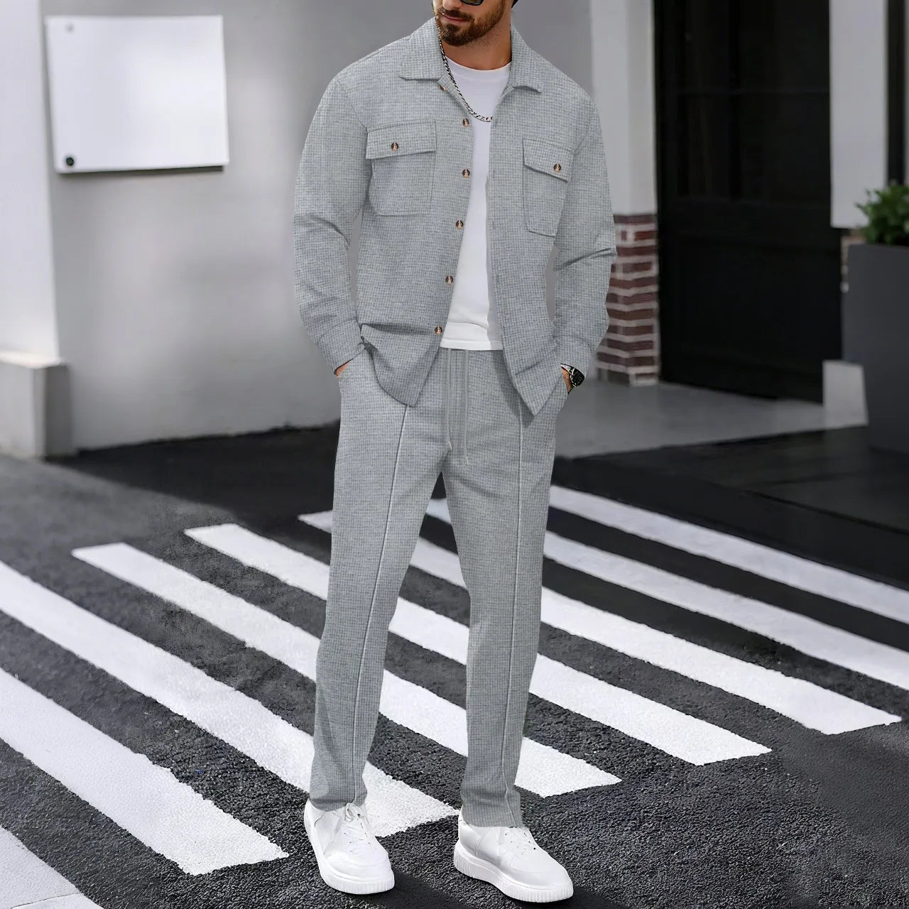 2025 Men's Autumn Casual Street Sport Two-Piece Fashion Solid Color Double-Pocket Collar Buttoned Long-Sleeved Shirt + Pants Set