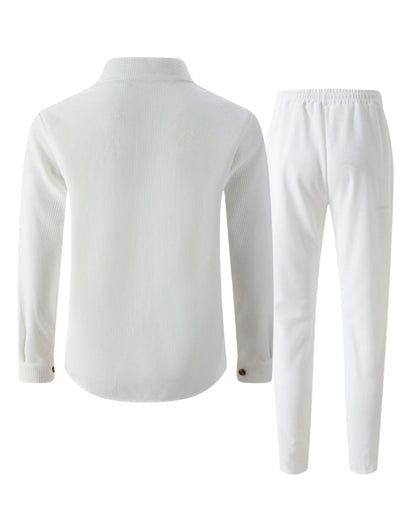 2025 Men's Autumn Casual Street Sport Two-Piece Fashion Solid Color Double-Pocket Collar Buttoned Long-Sleeved Shirt + Pants Set
