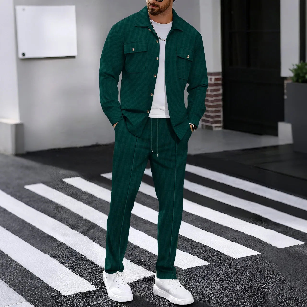 2025 Men's Autumn Casual Street Sport Two-Piece Fashion Solid Color Double-Pocket Collar Buttoned Long-Sleeved Shirt + Pants Set