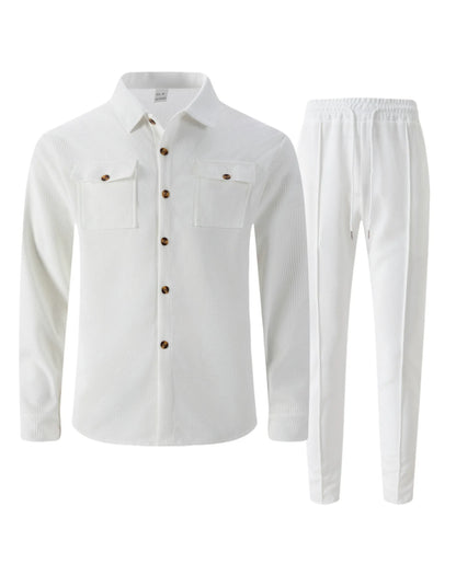 2025 Men's Autumn Casual Street Sport Two-Piece Fashion Solid Color Double-Pocket Collar Buttoned Long-Sleeved Shirt + Pants Set