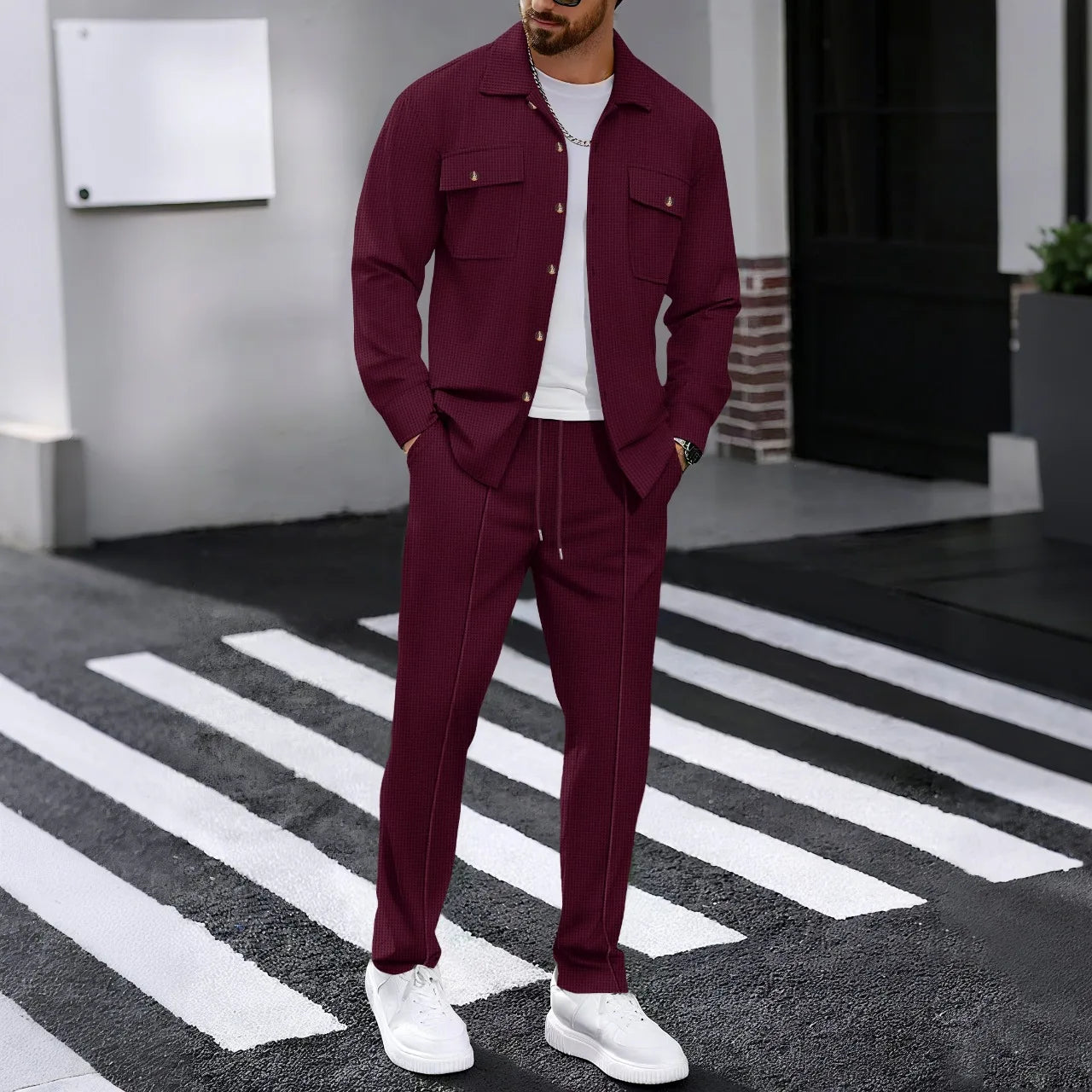 2025 Men's Autumn Casual Street Sport Two-Piece Fashion Solid Color Double-Pocket Collar Buttoned Long-Sleeved Shirt + Pants Set