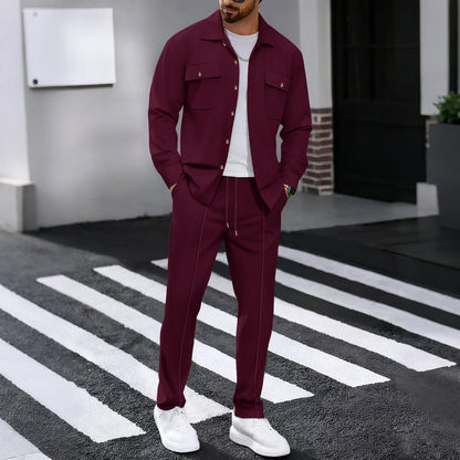 2025 Men's Autumn Casual Street Sport Two-Piece Fashion Solid Color Double-Pocket Collar Buttoned Long-Sleeved Shirt + Pants Set