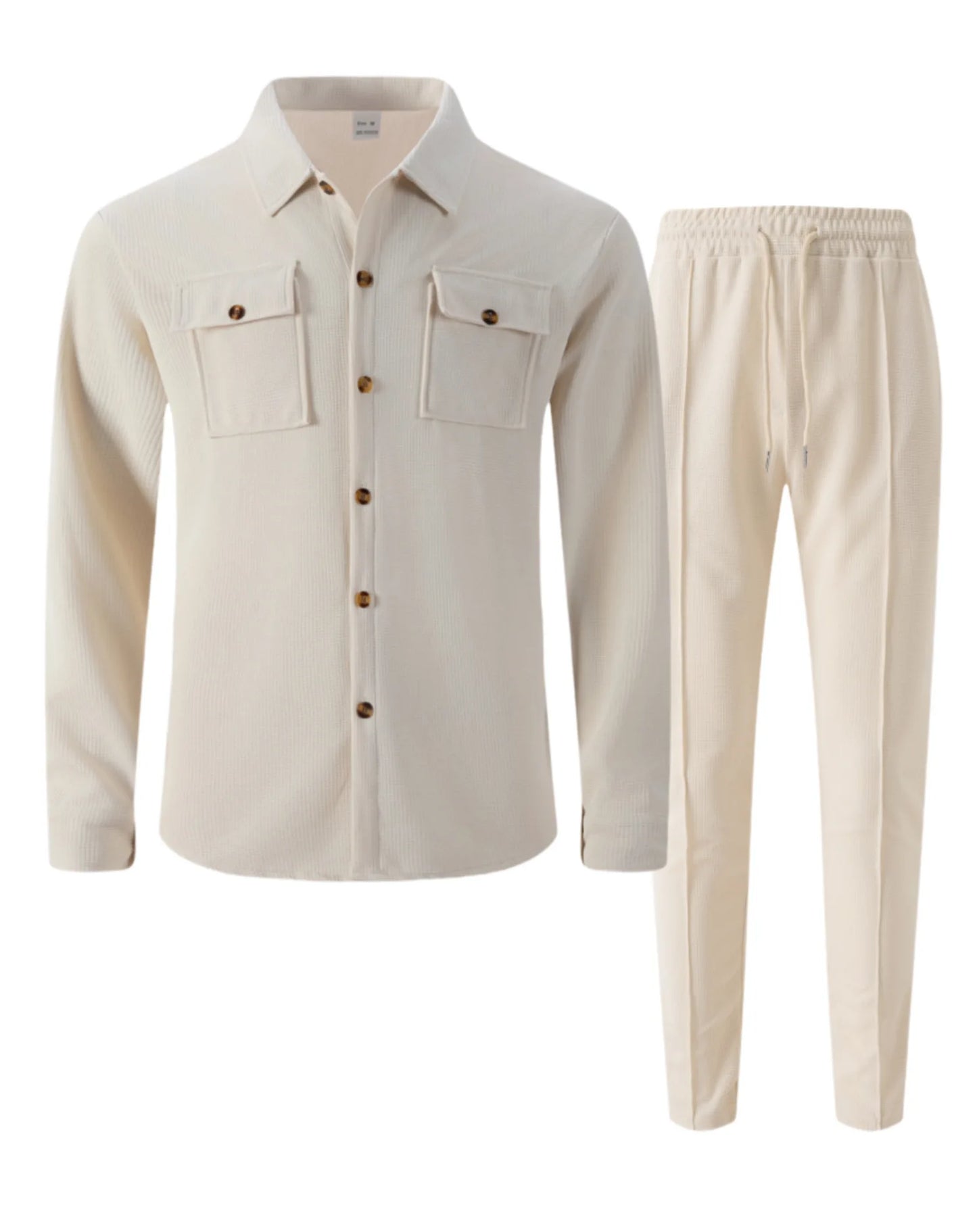 2025 Men's Autumn Casual Street Sport Two-Piece Fashion Solid Color Double-Pocket Collar Buttoned Long-Sleeved Shirt + Pants Set