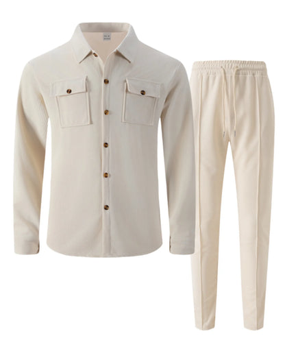 2025 Men's Autumn Casual Street Sport Two-Piece Fashion Solid Color Double-Pocket Collar Buttoned Long-Sleeved Shirt + Pants Set