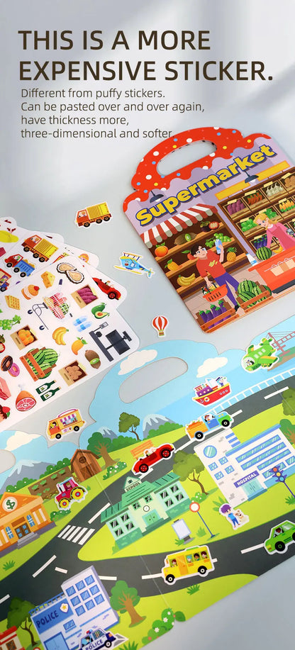 Reusable Sticker Book for Kids Vehicles Truck Multi-Theme Bubble Sticker Jelly Stickers Educational Learning Toys for Children