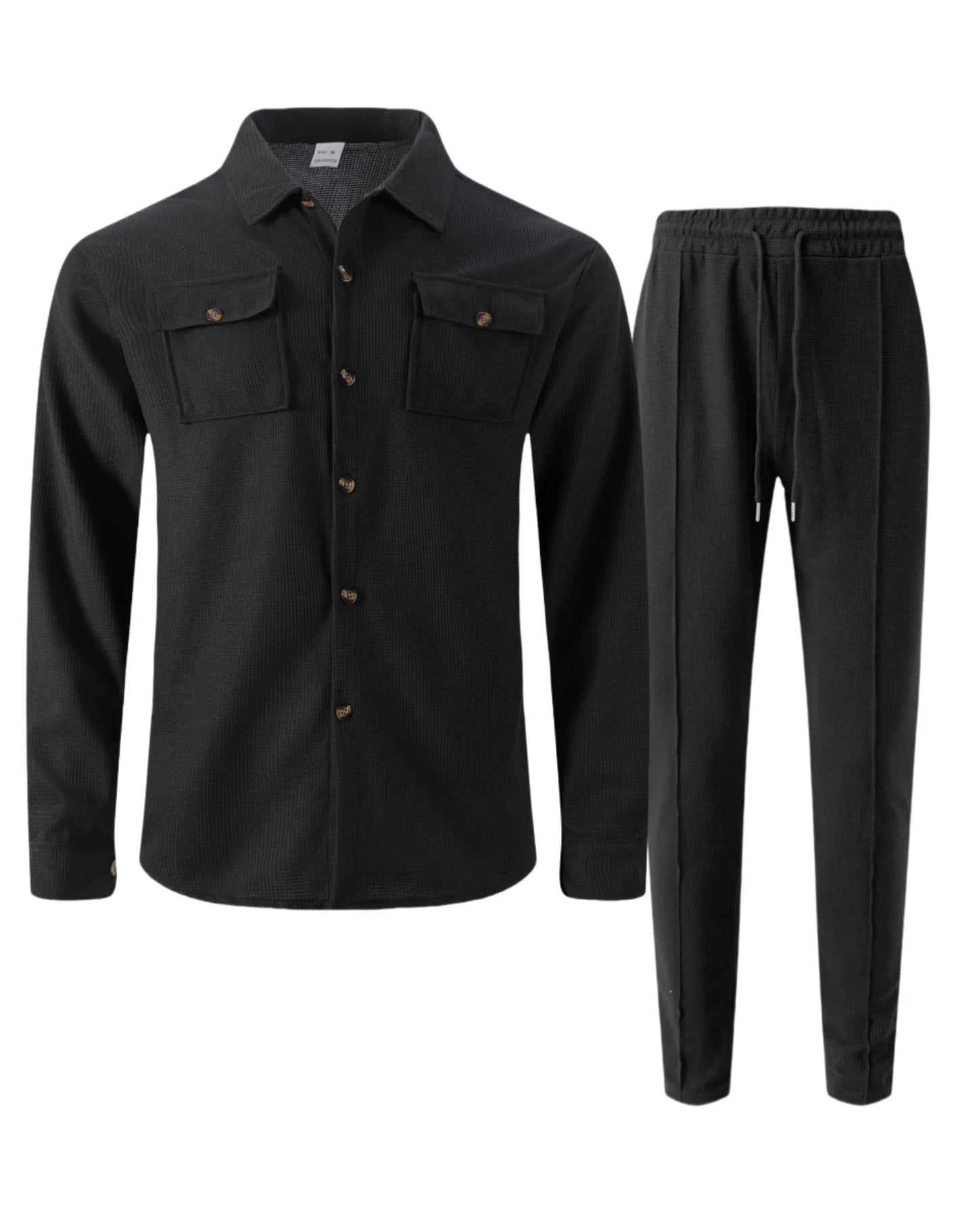 2025 Men's Autumn Casual Street Sport Two-Piece Fashion Solid Color Double-Pocket Collar Buttoned Long-Sleeved Shirt + Pants Set