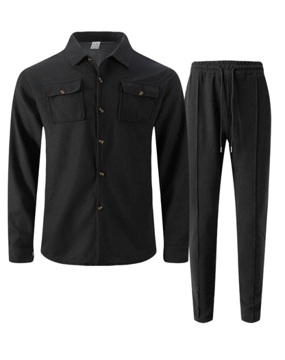 2025 Men's Autumn Casual Street Sport Two-Piece Fashion Solid Color Double-Pocket Collar Buttoned Long-Sleeved Shirt + Pants Set