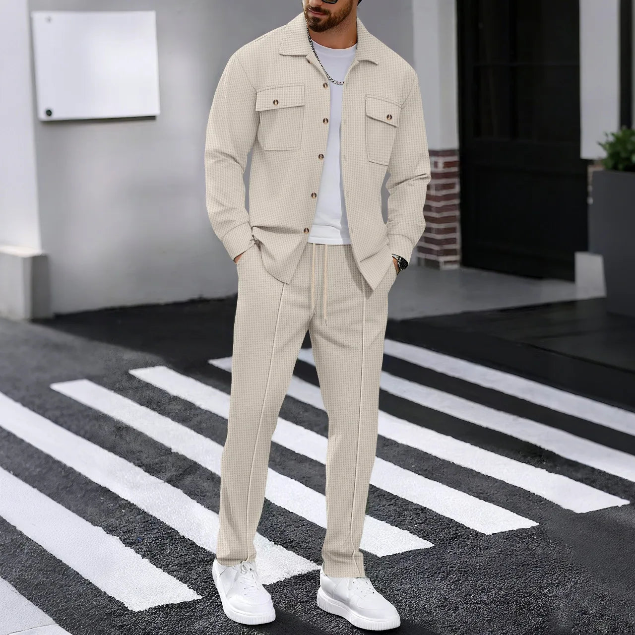 2025 Men's Autumn Casual Street Sport Two-Piece Fashion Solid Color Double-Pocket Collar Buttoned Long-Sleeved Shirt + Pants Set