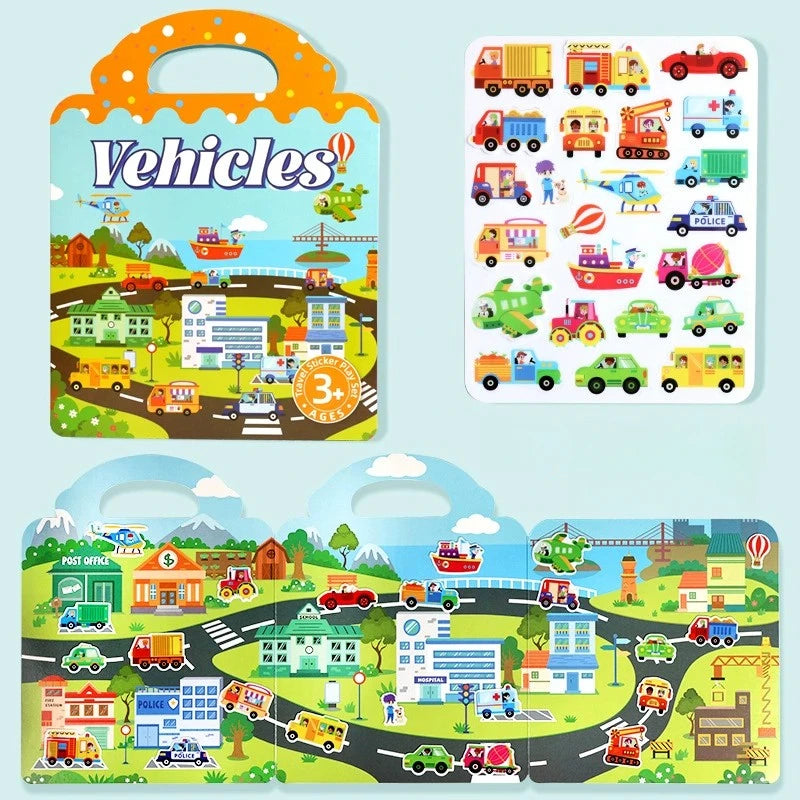 Reusable Sticker Book for Kids Vehicles Truck Multi-Theme Bubble Sticker Jelly Stickers Educational Learning Toys for Children