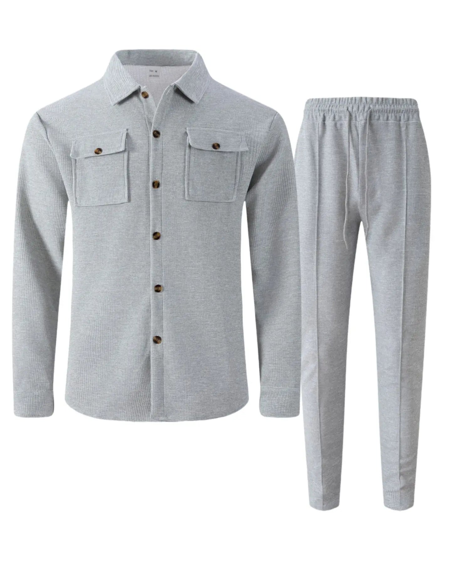 2025 Men's Autumn Casual Street Sport Two-Piece Fashion Solid Color Double-Pocket Collar Buttoned Long-Sleeved Shirt + Pants Set