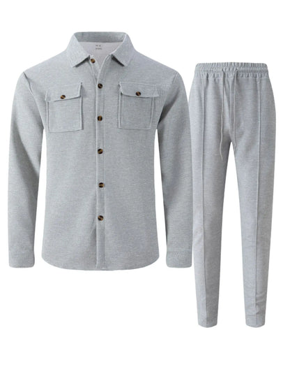 2025 Men's Autumn Casual Street Sport Two-Piece Fashion Solid Color Double-Pocket Collar Buttoned Long-Sleeved Shirt + Pants Set