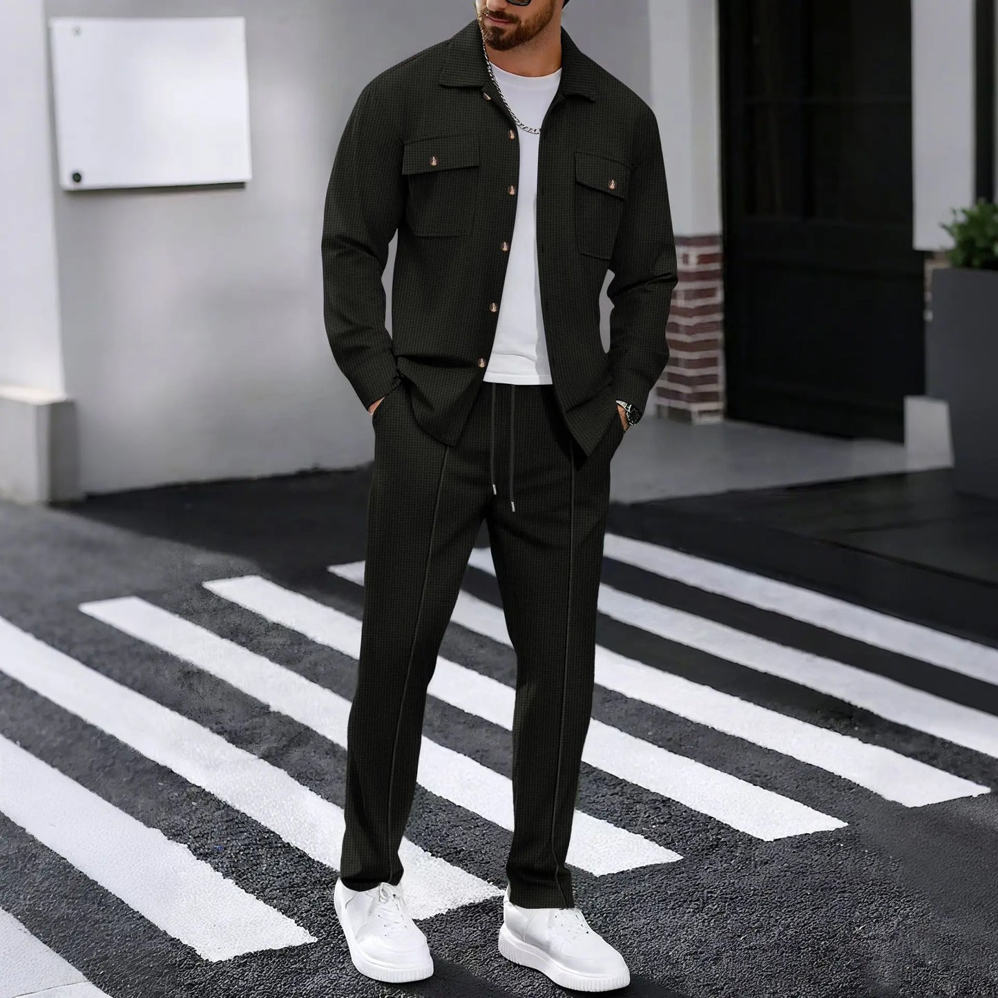 2025 Men's Autumn Casual Street Sport Two-Piece Fashion Solid Color Double-Pocket Collar Buttoned Long-Sleeved Shirt + Pants Set