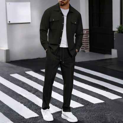2025 Men's Autumn Casual Street Sport Two-Piece Fashion Solid Color Double-Pocket Collar Buttoned Long-Sleeved Shirt + Pants Set