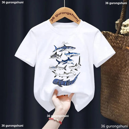 Types Of Shark Identification Cartoon Print Tshirt Boys Kawaii Kids Clothes Cute T-Shirt Children'S Clothes Summer Toddler Tee
