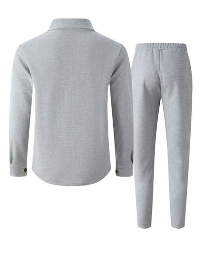 2025 Men's Autumn Casual Street Sport Two-Piece Fashion Solid Color Double-Pocket Collar Buttoned Long-Sleeved Shirt + Pants Set