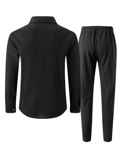 2025 Men's Autumn Casual Street Sport Two-Piece Fashion Solid Color Double-Pocket Collar Buttoned Long-Sleeved Shirt + Pants Set