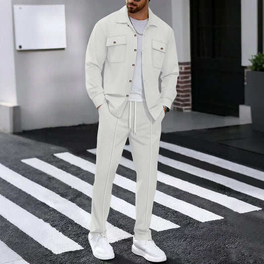 2025 Men's Autumn Casual Street Sport Two-Piece Fashion Solid Color Double-Pocket Collar Buttoned Long-Sleeved Shirt + Pants Set