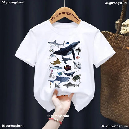 Types Of Shark Identification Cartoon Print Tshirt Boys Kawaii Kids Clothes Cute T-Shirt Children'S Clothes Summer Toddler Tee