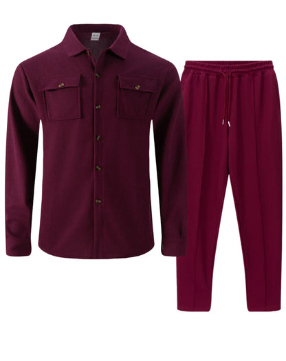 2025 Men's Autumn Casual Street Sport Two-Piece Fashion Solid Color Double-Pocket Collar Buttoned Long-Sleeved Shirt + Pants Set